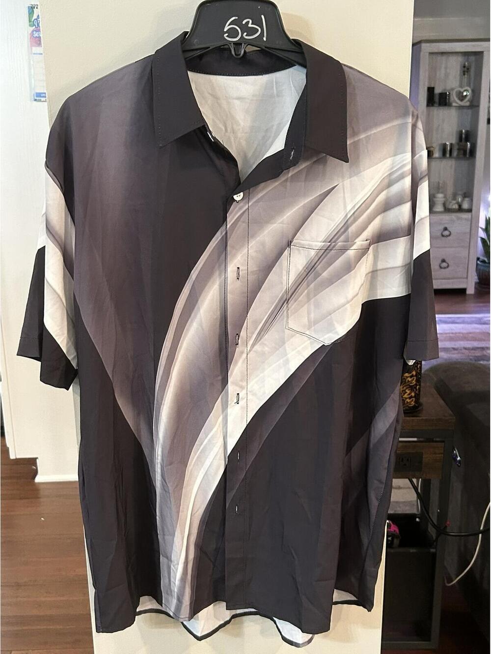 Men's Black and Gray Abstract Print Button-Up Shirt Size 3XL